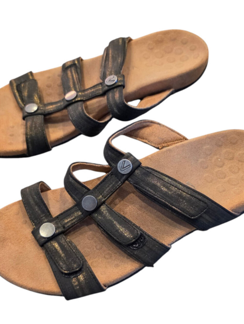Vionic Amber slide sandals Womens Sz 7.5 Metallic Leather Strappy Slip On